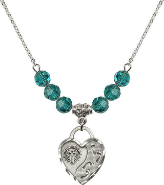 18" Rhodium Plated Necklace with 4mm Zircon Crystal Beads featuring a Sterling Silver Footprints Heart Medal. Engraved Catholic Saint Jewelry
