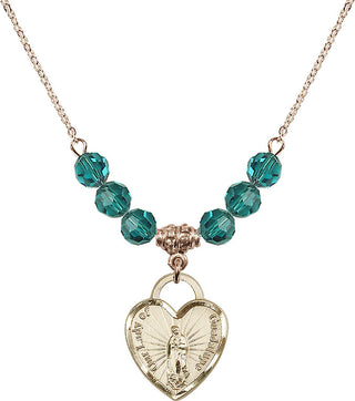 18" Hamilton Gold Plated Necklace with 4mm Zircon Crystal Beads featuring a 14kt Gold Filled Our Lady Guadalupe Heart / Recuerdo Medal.