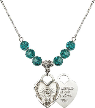 18" Rhodium Plated Necklace with 4mm Zircon Crystal Beads featuring a Sterling Silver Our Lady Guadalupe Heart / Recuerdo Medal.