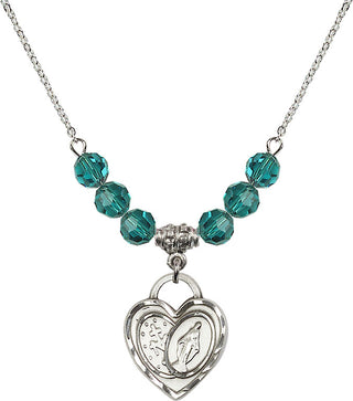 18" Rhodium Plated Necklace with 4mm Zircon Crystal Beads featuring a Sterling Silver Miraculous Heart Medal.
