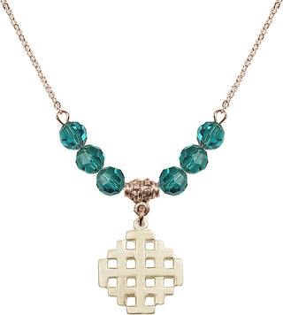 18" Hamilton Gold Plated Necklace with 4mm Zircon Crystal Beads featuring a 14kt Gold Filled Jerusalem Cross Medal.