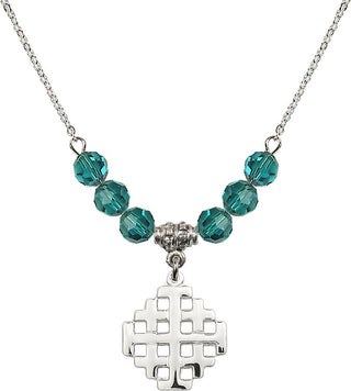 18" Rhodium Plated Necklace with 4mm Zircon Crystal Beads featuring a Sterling Silver Jerusalem Cross Medal.