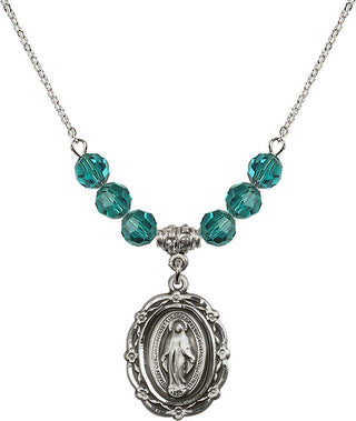 18" Rhodium Plated Necklace with 4mm Zircon Crystal Beads featuring a Sterling Silver Miraculous Medal.