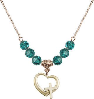 18" Hamilton Gold Plated Necklace with 4mm Zircon Crystal Beads featuring a 14kt Gold Filled Heart / Cross Medal.