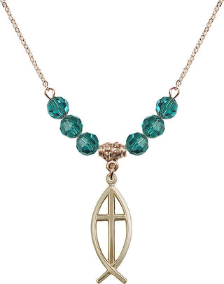 18" Hamilton Gold Plated Necklace with 4mm Zircon Crystal Beads featuring a 14kt Gold Filled Fish / Cross Medal.