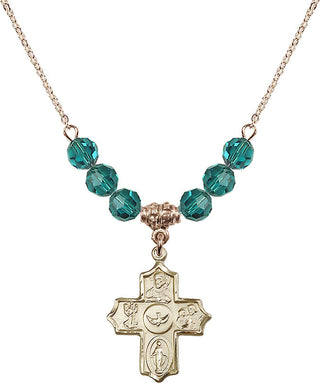 18" Hamilton Gold Plated Necklace with 4mm Zircon Crystal Beads featuring a 14kt Gold Filled 5-Way Medal.