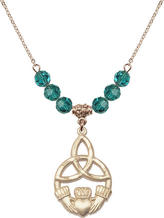 18" Hamilton Gold Plated Necklace with 4mm Zircon Crystal Beads featuring a 14kt Gold Filled Irish Knot / Claddagh Medal.