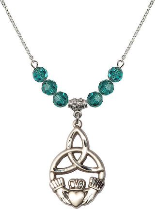 18" Rhodium Plated Necklace with 4mm Zircon Crystal Beads featuring a Sterling Silver Irish Knot / Claddagh Medal.