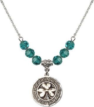 18" Rhodium Plated Necklace with 4mm Zircon Crystal Beads featuring a Sterling Silver Shamrock with Celtic Border Medal.