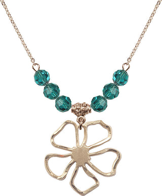 18" Hamilton Gold Plated Necklace with 4mm Zircon Crystal Beads featuring a 14kt Gold Filled Five Pedal Flower Medal.