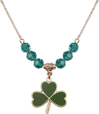 18" Hamilton Gold Plated Necklace with 4mm Zircon Crystal Beads featuring a 14kt Gold Filled Shamrock Medal.