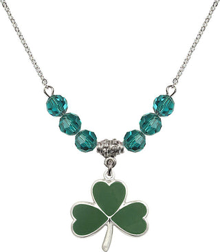 18" Rhodium Plated Necklace with 4mm Zircon Crystal Beads featuring a Sterling Silver Shamrock Medal.