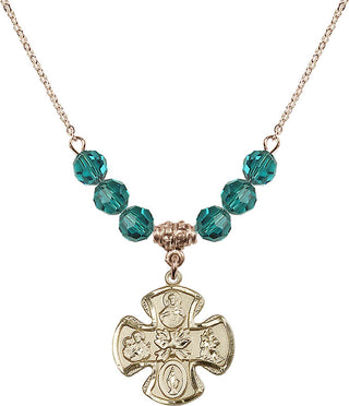 18" Hamilton Gold Plated Necklace with 4mm Zircon Crystal Beads featuring a 14kt Gold Filled 5-Way Medal.