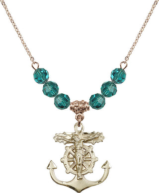 18" Hamilton Gold Plated Necklace with 4mm Zircon Crystal Beads featuring a 14kt Gold Filled Anchor Crucifix Medal.