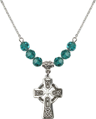 18" Rhodium Plated Necklace with 4mm Zircon Crystal Beads featuring a Sterling Silver Celtic Cross Medal.