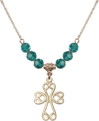 18" Hamilton Gold Plated Necklace with 4mm Zircon Crystal Beads featuring a 14kt Gold Filled Scroll Cross Medal.