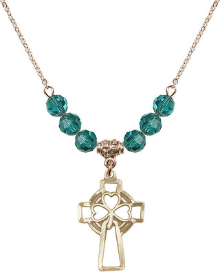 18" Hamilton Gold Plated Necklace with 4mm Zircon Crystal Beads featuring a 14kt Gold Filled Shamrock Cross Medal.