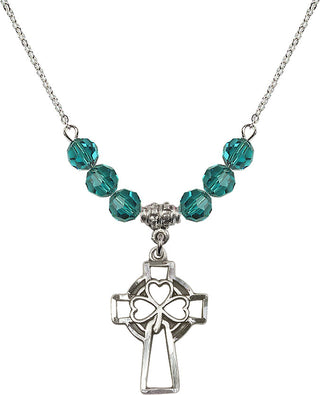 18" Rhodium Plated Necklace with 4mm Zircon Crystal Beads featuring a Sterling Silver Shamrock Cross Medal.