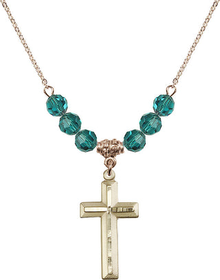 18" Hamilton Gold Plated Necklace with 4mm Zircon Crystal Beads featuring a 14kt Gold Filled Cross Medal. Engraved Catholic Saint Jewelry
