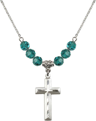 18" Rhodium Plated Necklace with 4mm Zircon Crystal Beads featuring a Sterling Silver Cross Medal. Engraved Catholic Saint Jewelry