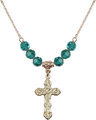 18" Hamilton Gold Plated Necklace with 4mm Zircon Crystal Beads featuring a 14kt Gold Filled Cross Medal. Engraved Catholic Saint Jewelry