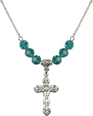 18" Rhodium Plated Necklace with 4mm Zircon Crystal Beads featuring a Sterling Silver Cross Medal. Engraved Catholic Saint Jewelry
