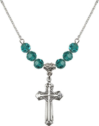 18" Rhodium Plated Necklace with 4mm Zircon Crystal Beads featuring a Sterling Silver Cross Medal. Engraved Catholic Saint Jewelry