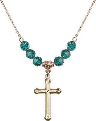 18" Hamilton Gold Plated Necklace with 4mm Zircon Crystal Beads featuring a 14kt Gold Filled Cross Medal. Engraved Catholic Saint Jewelry