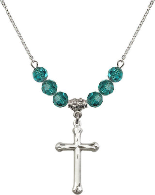 18" Rhodium Plated Necklace with 4mm Zircon Crystal Beads featuring a Sterling Silver Cross Medal. Engraved Catholic Saint Jewelry