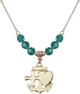 18" Hamilton Gold Plated Necklace with 4mm Zircon Crystal Beads featuring a 14kt Gold Filled Faith, Hope & Charity Medal.