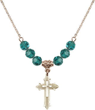 18" Hamilton Gold Plated Necklace with 4mm Zircon Crystal Beads featuring a 14kt Gold Filled Cross on Cross Medal. Engraved Catholic Saint Jewelry