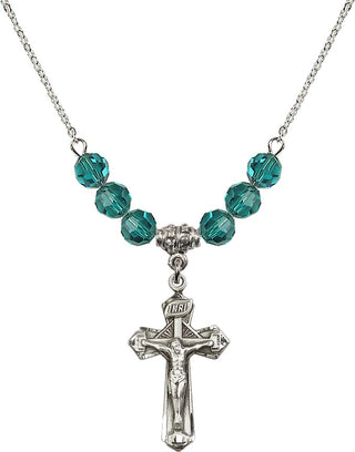 18" Rhodium Plated Necklace with 4mm Zircon Crystal Beads featuring a Sterling Silver Crucifix Medal.