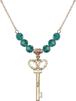 18" Hamilton Gold Plated Necklace with 4mm Zircon Crystal Beads featuring a 14kt Gold Filled Small Key w/Double Hearts Medal.