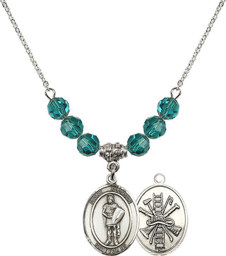 18" Rhodium Plated Necklace with 4mm Zircon Crystal Beads featuring a Sterling Silver Saint Florian/Firefighter Medal.