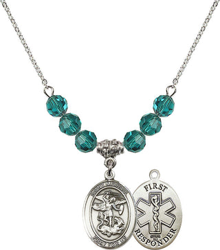 18" Rhodium Plated Necklace with 4mm Zircon Crystal Beads featuring a Sterling Silver Saint Michael/1St Responder Medal.