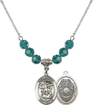 18" Rhodium Plated Necklace with 4mm Zircon Crystal Beads featuring a Sterling Silver Saint Michael the Archangel Medal.