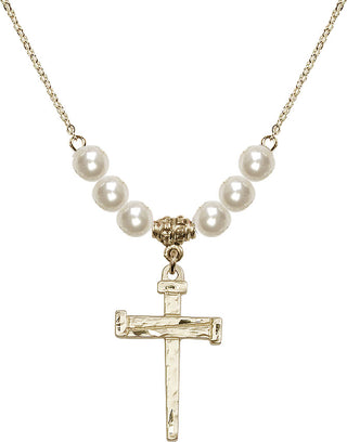 18" Hamilton Gold Plated Necklace with 6mm Faux-Pearl Beads featuring a 14kt Gold Filled Nail Cross Medal.