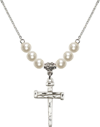18" Rhodium Plated Necklace with 6mm Faux-Pearl Beads featuring a Sterling Silver Nail Cross Medal.