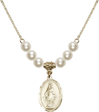 18" Hamilton Gold Plated Necklace with 6mm Faux-Pearl Beads featuring a 14kt Gold Filled Miraculous Medal.