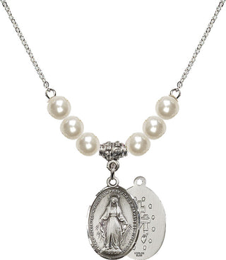 18" Rhodium Plated Necklace with 6mm Faux-Pearl Beads featuring a Sterling Silver Miraculous Medal.
