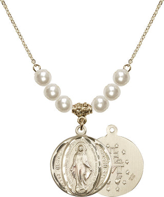 18" Hamilton Gold Plated Necklace with 6mm Faux-Pearl Beads featuring a 14kt Gold Filled Miraculous Medal.