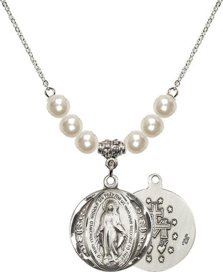 18" Rhodium Plated Necklace with 6mm Faux-Pearl Beads featuring a Sterling Silver Miraculous Medal.