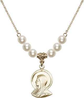 18" Hamilton Gold Plated Necklace with 6mm Faux-Pearl Beads featuring a 14kt Gold Filled Madonna Medal.