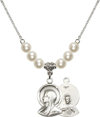 18" Rhodium Plated Necklace with 6mm Faux-Pearl Beads featuring a Sterling Silver Madonna Medal.