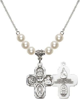 18" Rhodium Plated Necklace with 6mm Faux-Pearl Beads featuring a Sterling Silver 5-Way Medal.