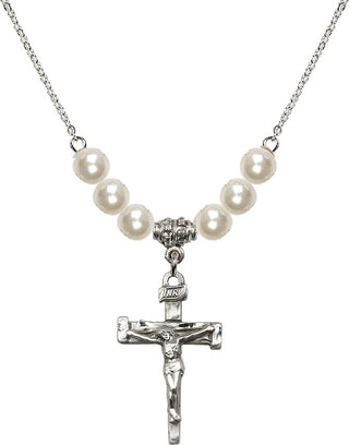 18" Rhodium Plated Necklace with 6mm Faux-Pearl Beads featuring a Sterling Silver Nail Crucifix Medal.
