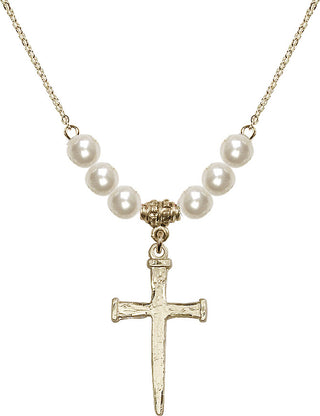 18" Hamilton Gold Plated Necklace with 6mm Faux-Pearl Beads featuring a 14kt Gold Filled Nail Cross Medal.