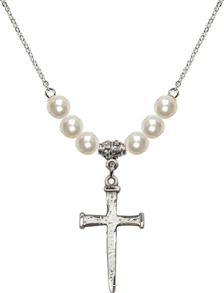 18" Rhodium Plated Necklace with 6mm Faux-Pearl Beads featuring a Sterling Silver Nail Cross Medal.