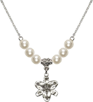 18" Rhodium Plated Necklace with 6mm Faux-Pearl Beads featuring a Sterling Silver Chastity Medal.