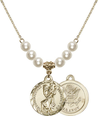 18" Hamilton Gold Plated Necklace with 6mm Faux-Pearl Beads featuring a 14kt Gold Filled Saint Christopher / Army Medal.